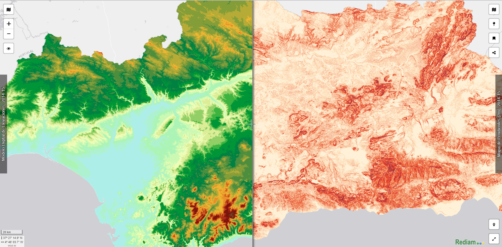 Ampliar imagen: MDE regional a partir de Nube de Puntos 1ª cobertura PNOA LiDAR Andalucía (2014-15) y Mapa de pendientes derivado