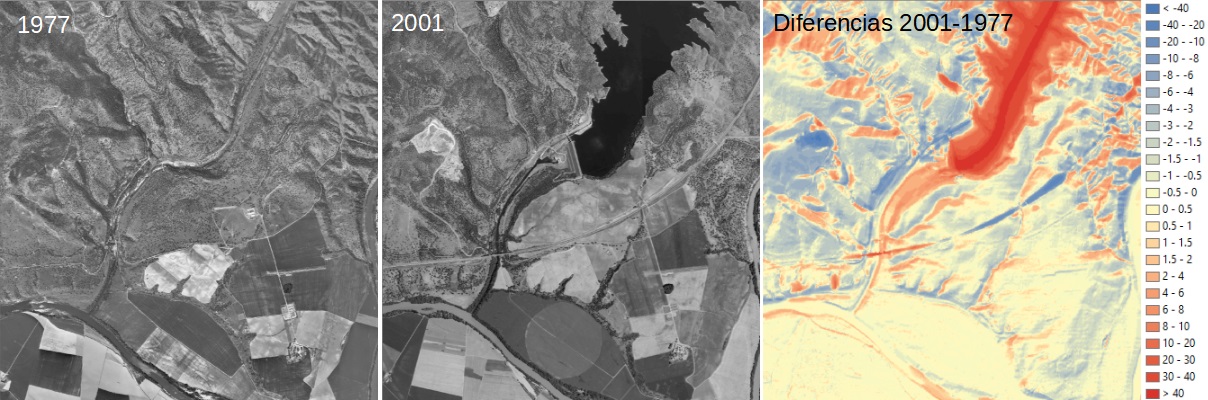 Ampliar imagen: Ortofotografía vuelo 1977, Ortofotografía vuelo 2001 y Modelo Digital de Elevaciones 2001-1977