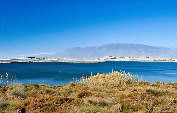 Panorámica de la Reserva Natural Punta Entinas-Sabinar en primer plano y al fondo montañas.