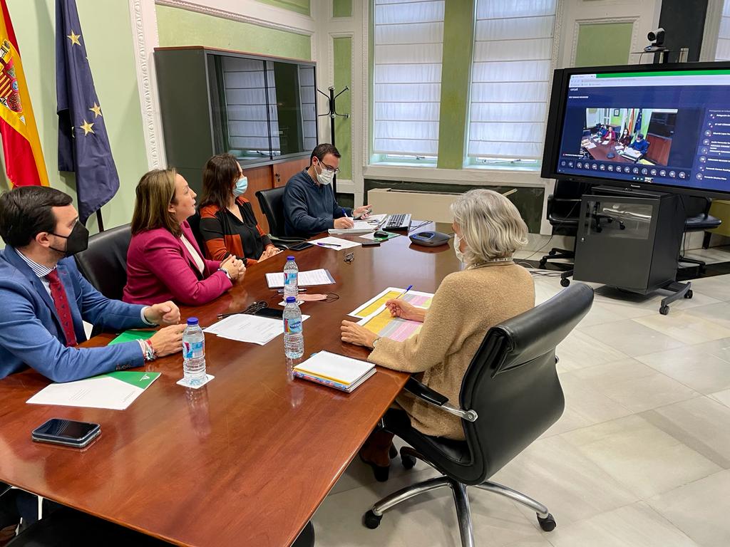 Ampliar imagen: grupo de cinco personas reunidas presencialmente en una sala, con otras que están presentes telemáticamente