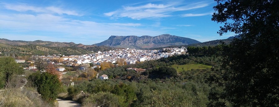 Vista de un pueblo blanco en Andalucía, con olivos en primer plano y una gran sierra al fondo