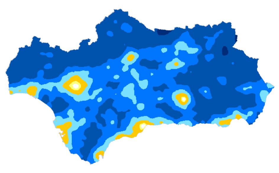 Ampliar imagen: Áreas en Andalucía donde la calidad del cielo es mayor o menor en función de tonalidades de color (los azules muestran mayor calidad, y los amarillos, peor calidad).