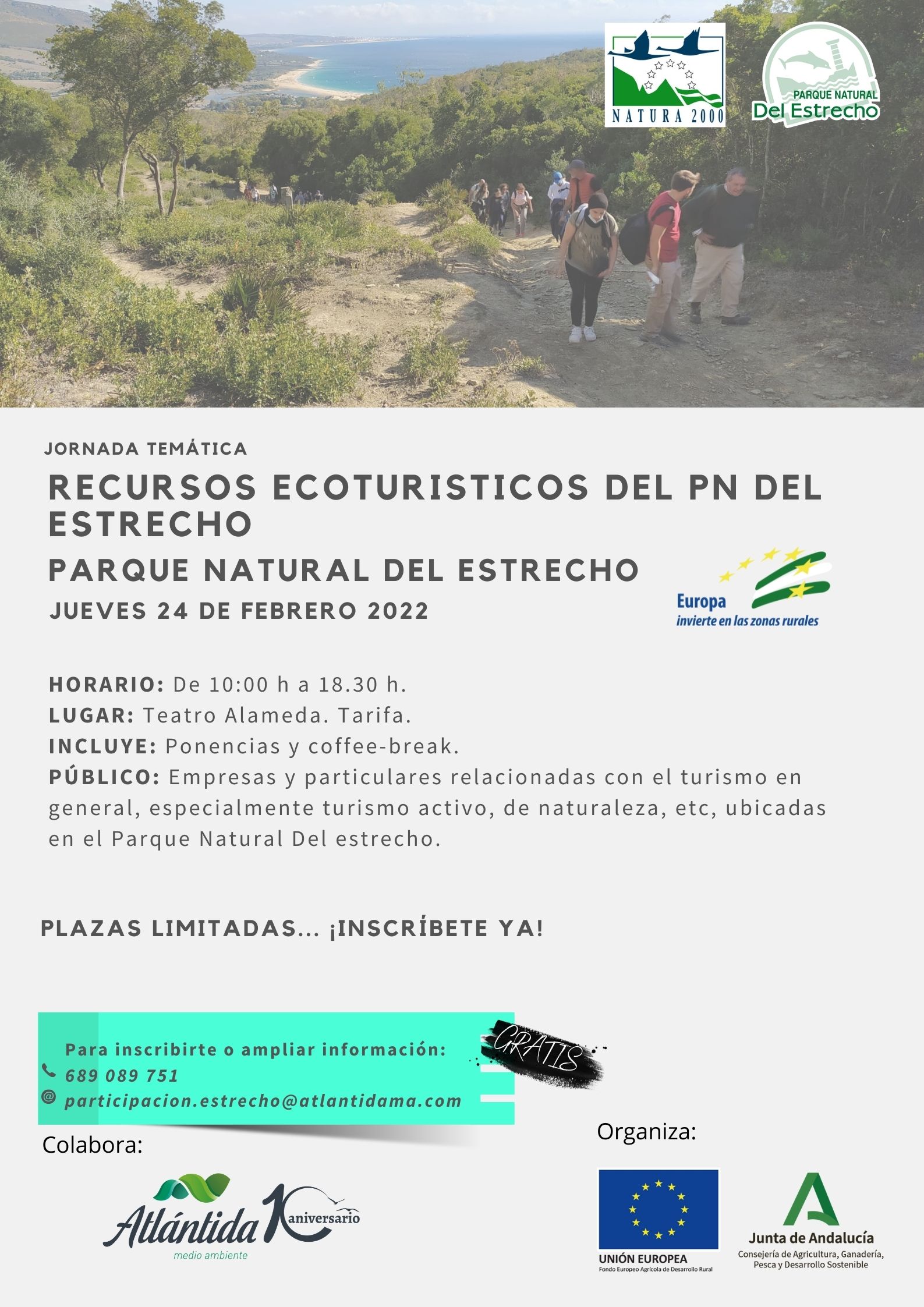 Cartel con personas andando por el Parque Natural del Estrecho