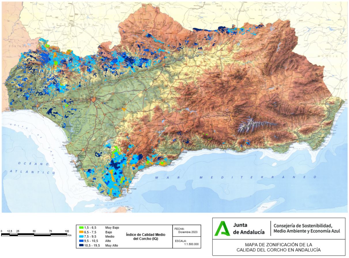 Mapa de Andalucía que muestra, en diferentes tonalidades, los distintos niveles de calidad del corcho en Andalucía.