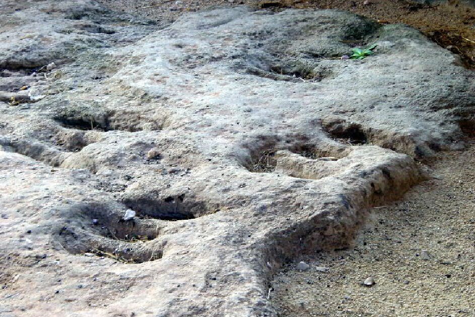Ampliar imagen: suelo rocoso con huellas de dinosaurios marcadas en la piedra