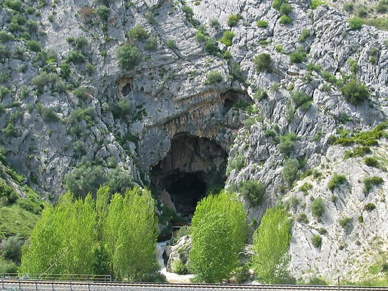 Entrada de la cueva sobre la roca gris, con algo de vegetación a su alrrededor