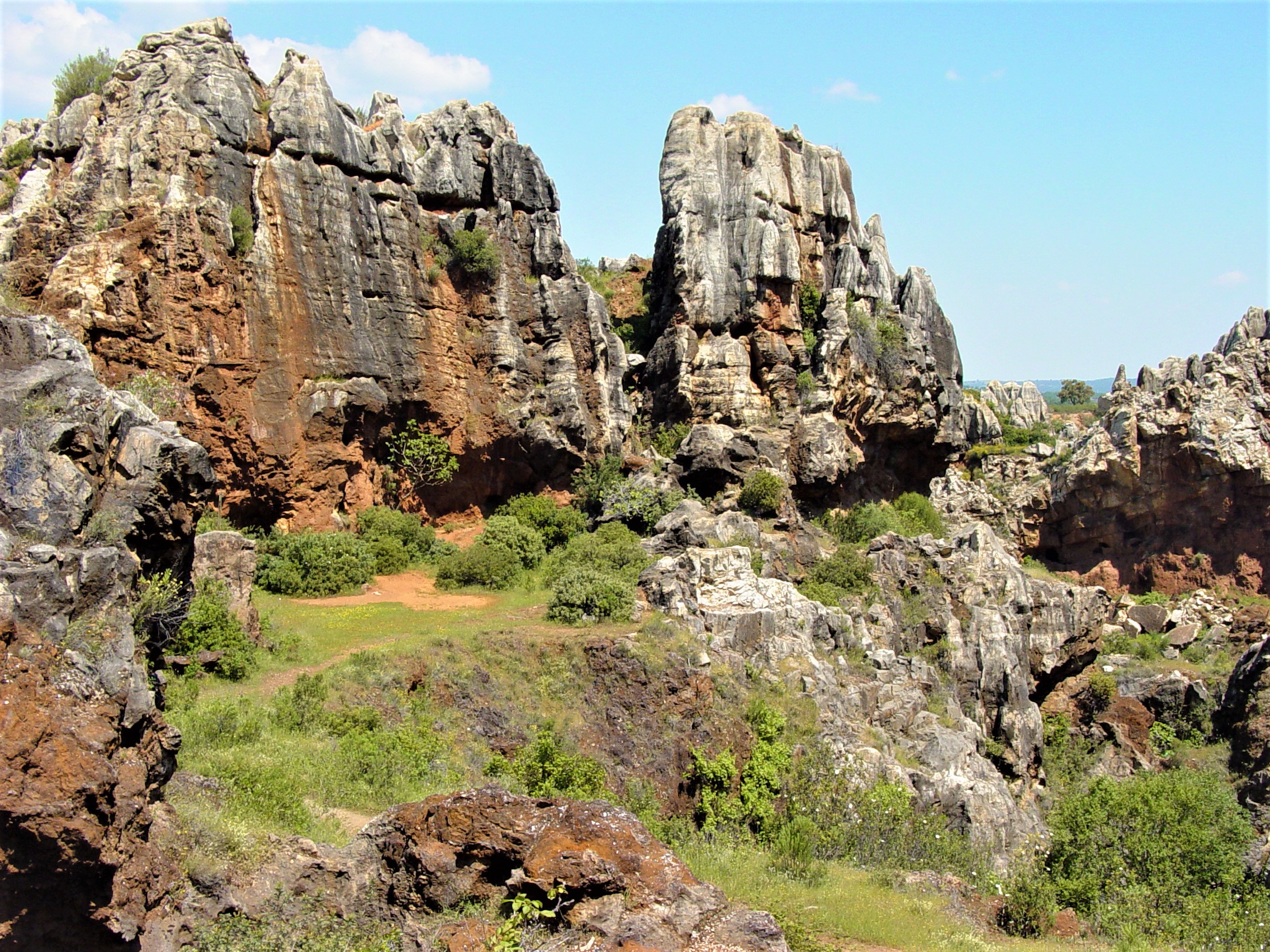 Ampliar imagen: Fotografía de formación rocosa con tonalidades rojizas debido al hierro del terreno. Cielo azul y vegetación verde