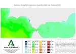 Distribución de la temperatura superficial del mar. Febrero 2022