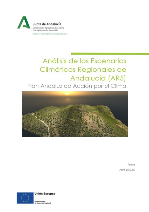 Portada de la publicación: Análisis de los Escenarios Climáticos Regionales de Andalucía (AR5). Plan Andaluz de Acción por el Clima (Abril 2020)
