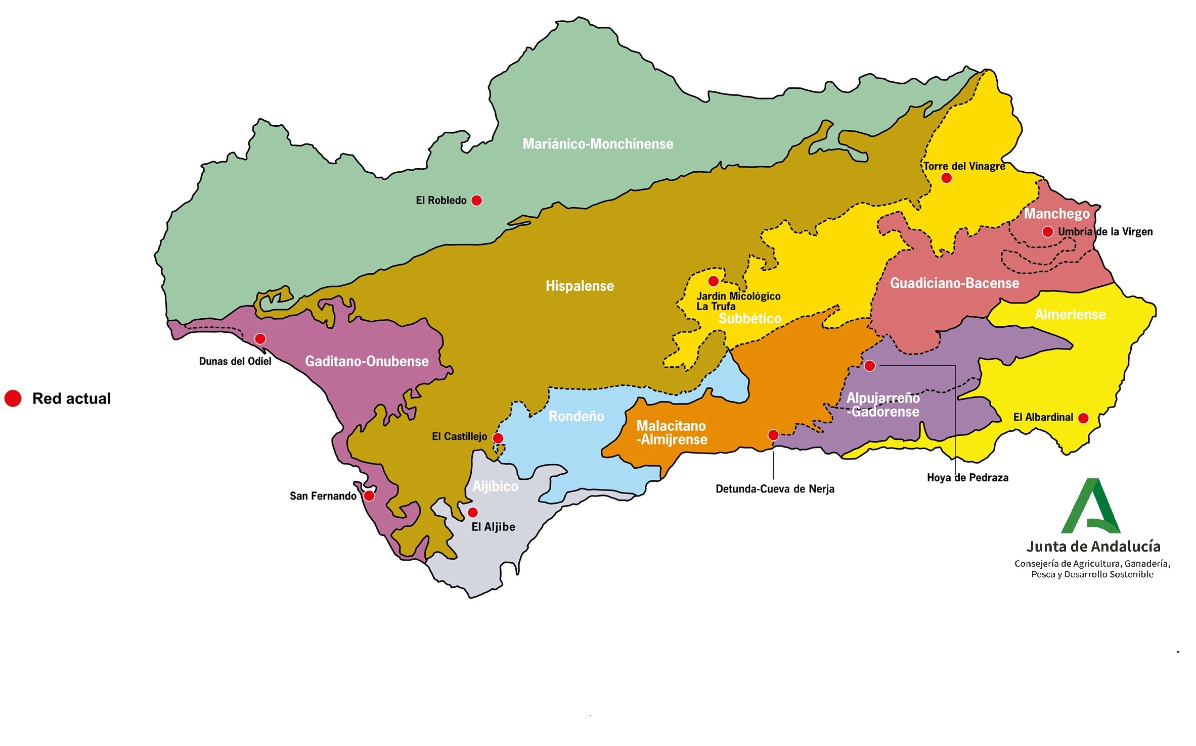Mapa de la Red Andaluza de Jardines Botánicos y Micológico en Espacios Naturales