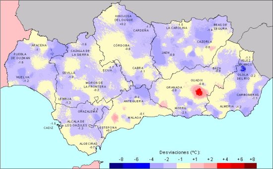 Desviación de las temperaturas medias en Otoño con respecto a la media del periodo 1971 - 2000.