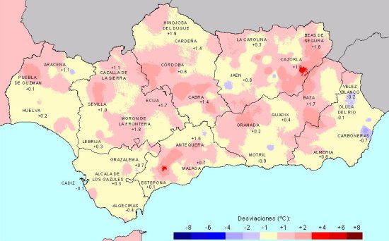 Desviación de las temperaturas medias en Primavera con respecto a la media del periodo 1971 - 2000