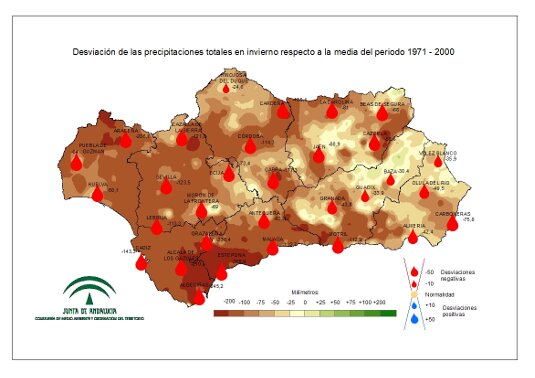 Desviación de las precipitaciones en invierno respecto a la media del periodo 1971-2000