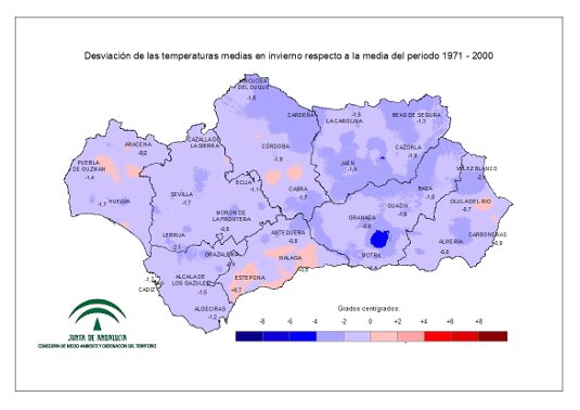 Desviación de las temperaturas medias en invierno respecto a la media del periodo 1971–2000
