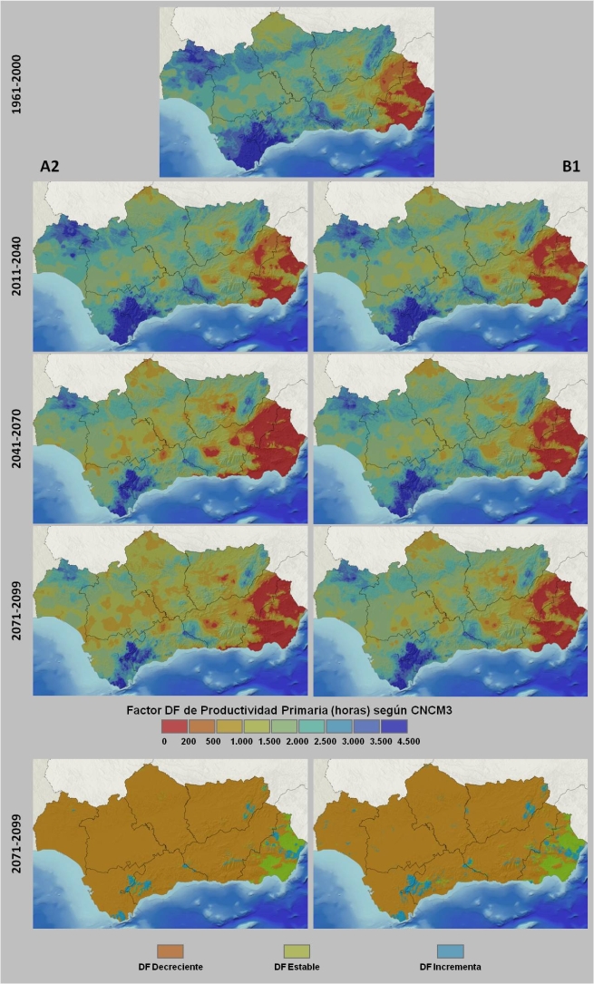Evolución espacial del del factor DF (escenarios A2 y B1, modelo CNCM3) 