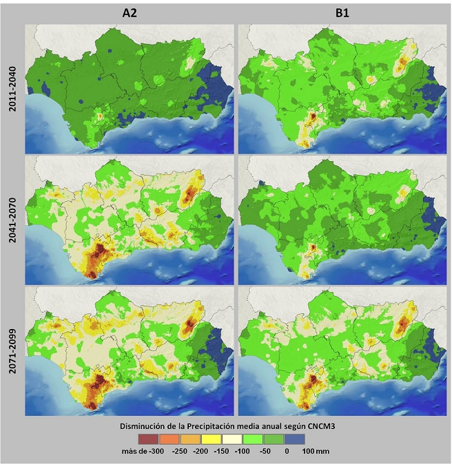 Evolución de la precipitación media anual para los escenarios A2 y B1 del MCG CNCM3 Evolución de la precipitación media anual para los escenarios A2 y B1 del MCG CNCM3