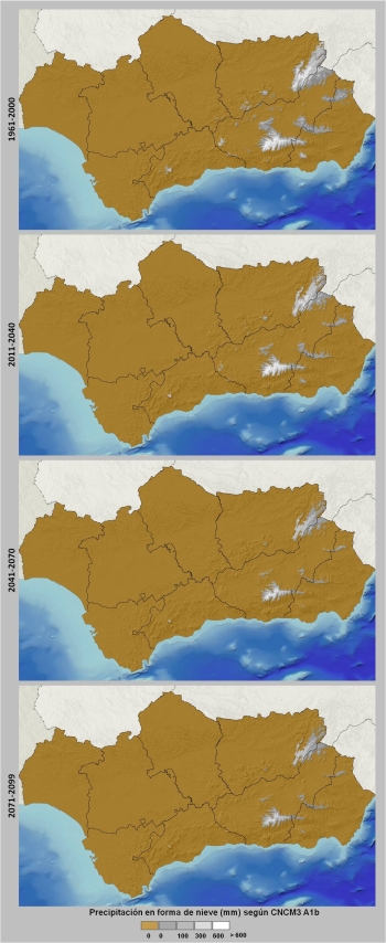 Evolución espacial de la precipitación de nieve factor DF (escenario A1b, modelo CNCM3)