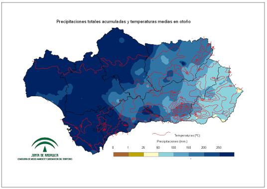 Comportamiento climatológico medio en Otono: temperaturas medias y precipitaciones totales 