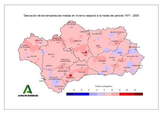 Desviación de las temperaturas medias en otoño respecto a la media del periodo 1971–2000