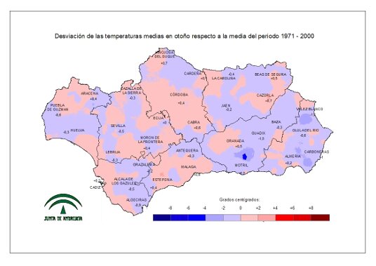 Desviación de las temperaturas medias en otoño respecto a la media del periodo 1971–2000