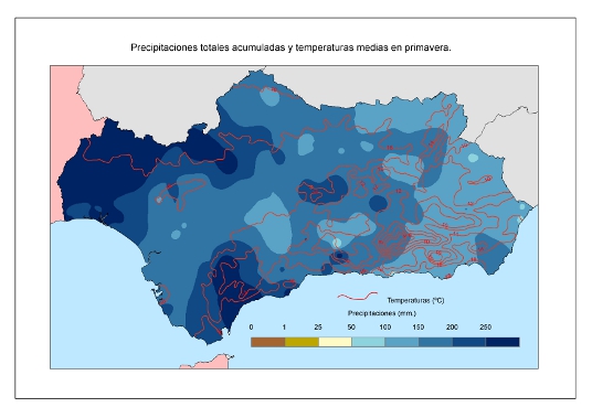Comportamiento climatológico medio en primavera: temperaturas medias y precipitaciones totales 