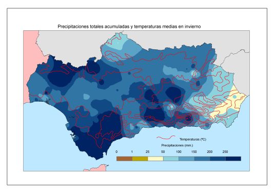 Comportamiento climatológico medio en invierno: temperaturas medias y precipitaciones totales 