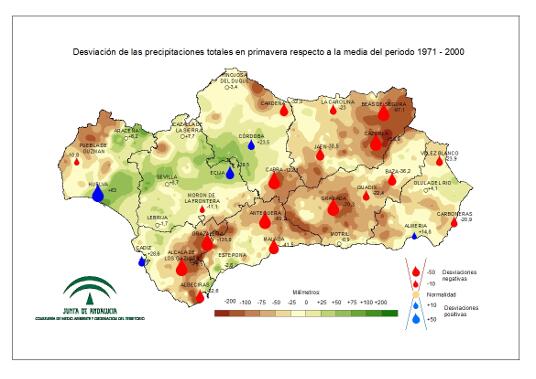 Desviación de las precipitaciones en primavera respecto a la media del periodo 1971-2000