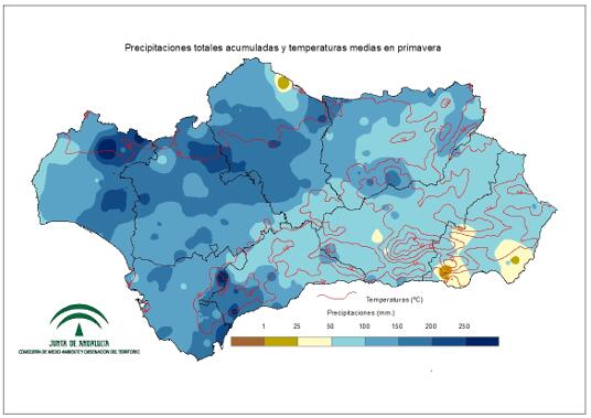 Comportamiento climatológico medio en primavera : temperaturas medias y precipitaciones totales 