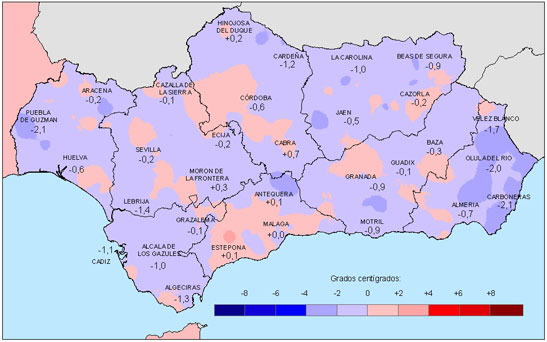 Amplia en nueva ventana: Desviación de las temperaturas medias en otoño respecto a la media del periodo 1971 - 2000