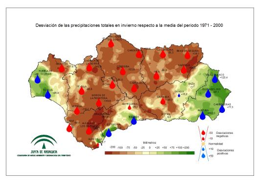 Desviación de las precipitaciones en invierno respecto a la media del periodo 1971-2000