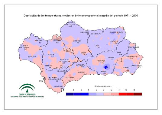 Desviación de las temperaturas medias en invierno respecto a la media del periodo 1971–2000