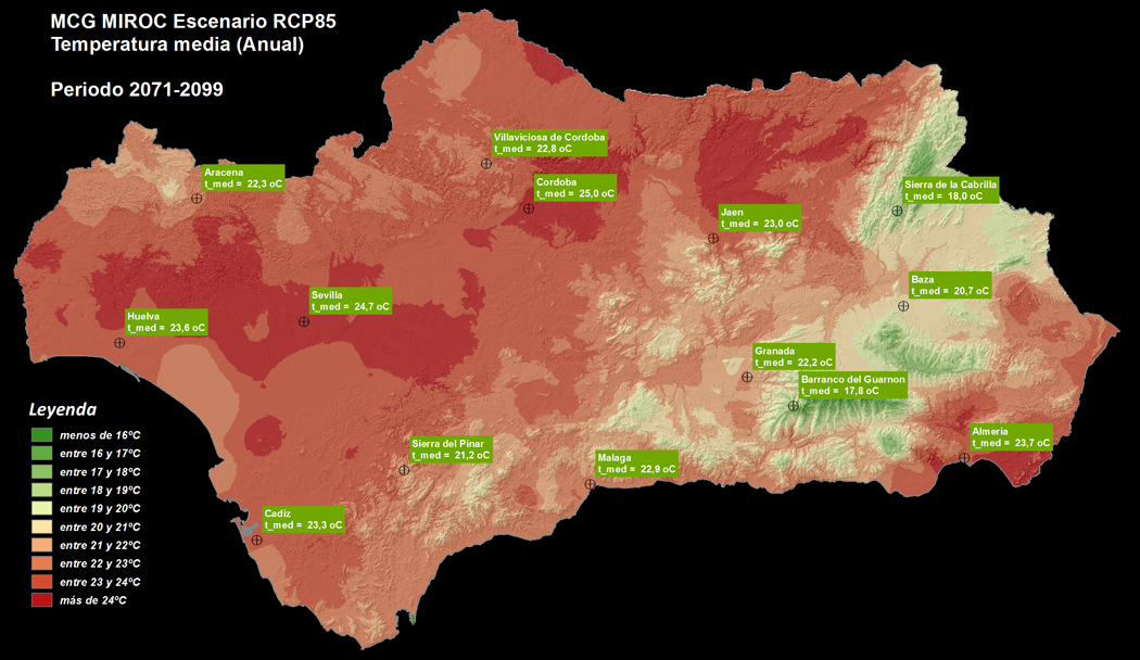 Distribución de la temperatura media anual el periodo 2071-2099, según MIROC en RCP85.