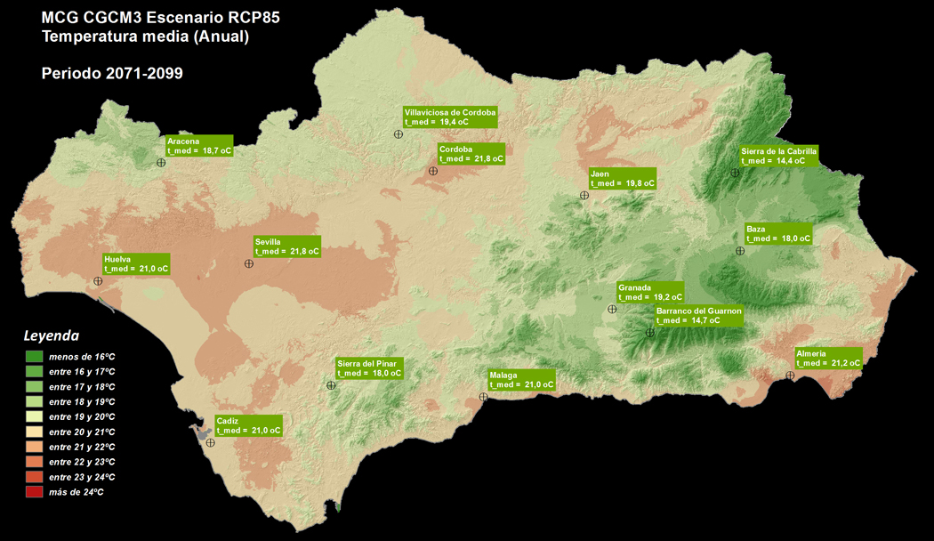 Distribución de la Temperatura media anual el periodo 2071-2099, según CGCM3 en RCP85.