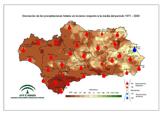 Desviación de las precipitaciones en invierno respecto a la media del periodo 1971-2000