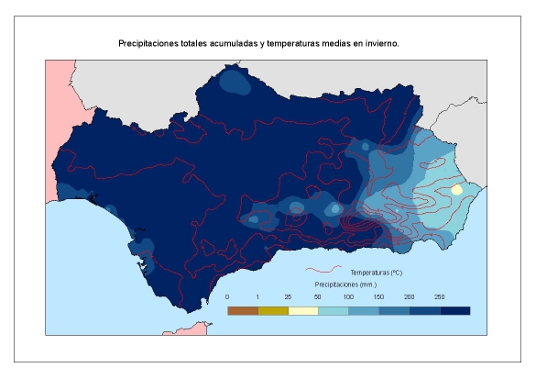 Comportamiento climatológico medio en invierno: temperaturas medias y precipitaciones totales 