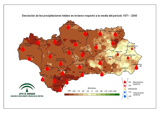 Desviación de las precipitaciones en invierno respecto a la media del periodo 1971-2000
