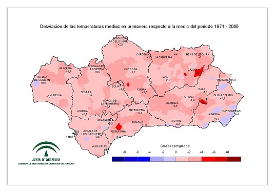 Desviación de las temperaturas medias en primavera respecto a la media del periodo 1971–2000