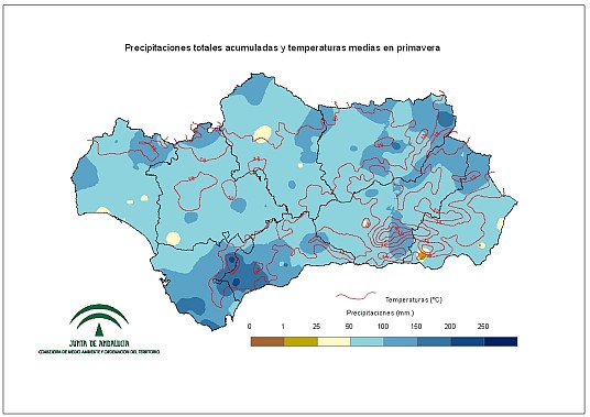 Comportamiento climatológico medio en primavera: temperaturas medias y precipitaciones totales 