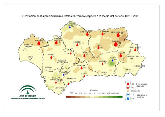 Desviación de las precipitaciones en verano respecto a la media del periodo 1971-2000