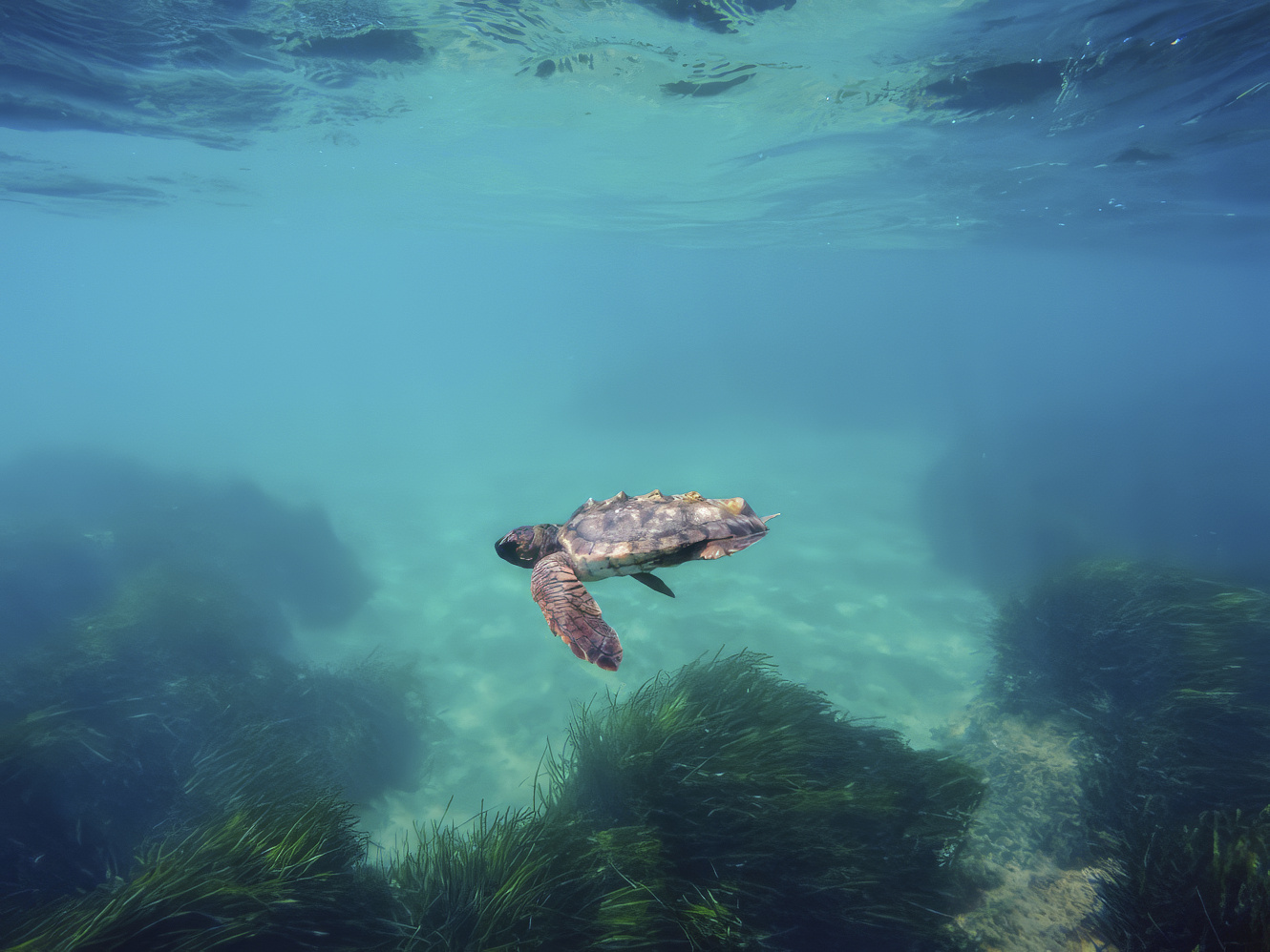 Ampliar imagen: pequeña tortuga boba nadando en una zona poco profunda del mar, con agua cristalina