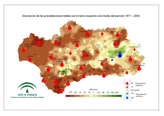 Desviación de las precipitaciones en invierno respecto a la media del periodo 1971-2000