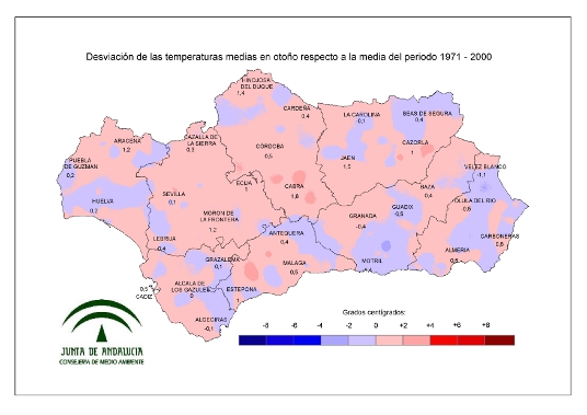 Desviación de las temperaturas medias en otono respecto a la media del periodo 1971 – 2000 
