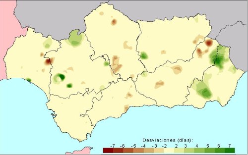 Desviación del número de días de lluvia en Primavera con respecto a la media del periodo 1971 - 2000