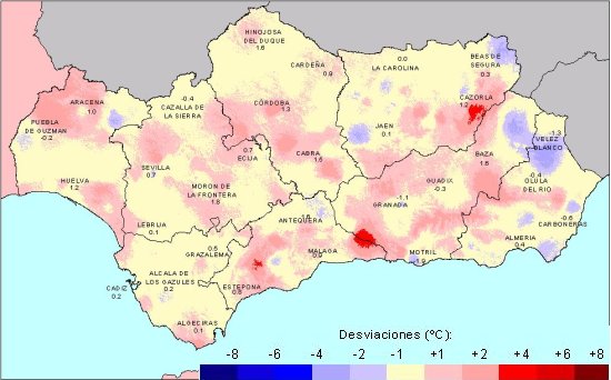 Desviación de las temperaturas medias en Primavera con respecto a la media del periodo 1971 - 2000