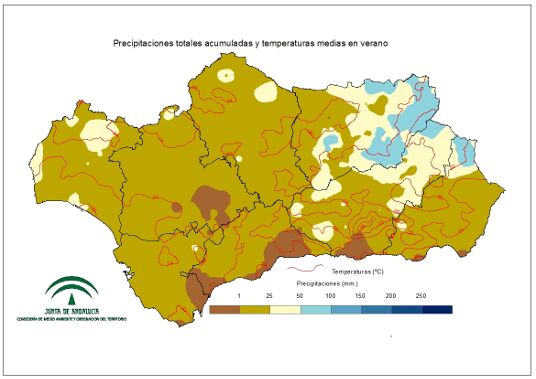Comportamiento climatológico medio en verano : temperaturas medias y precipitaciones totales 