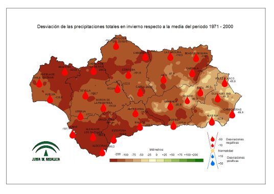 Desviación de las precipitaciones en invierno respecto a la media del periodo 1971-2000
