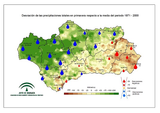 Desviación de las precipitaciones en primavera respecto a la media del periodo 1971-2000