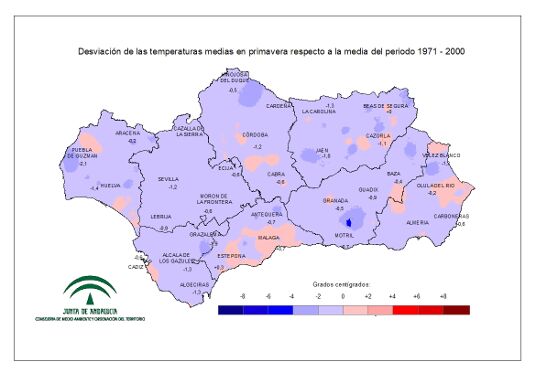 Desviación de las temperaturas medias en primavera respecto a la media del periodo 1971–2000