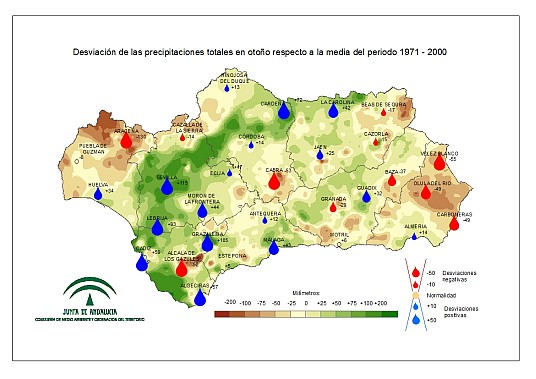 Desviación de las precipitaciones en Otoño respecto a la media del periodo 1971-2000