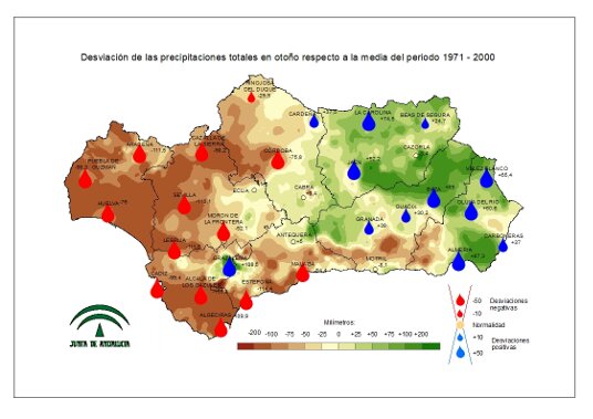 Desviación de las precipitaciones en otoño respecto a la media del periodo 1971-2000